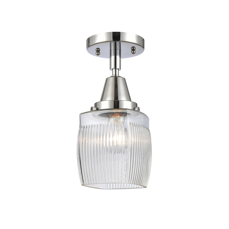 Colton Flush Mount shown in the Polished Chrome finish with a Clear Halophane shade