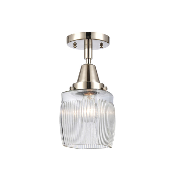 Colton Flush Mount shown in the Polished Nickel finish with a Clear Halophane shade