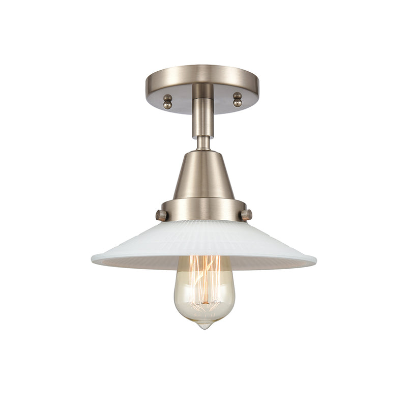 Halophane Flush Mount shown in the Brushed Satin Nickel finish with a Matte White Halophane shade