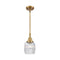 Colton Mini Pendant shown in the Brushed Brass finish with a Clear Halophane shade