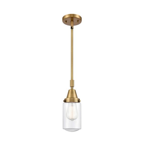 Dover Mini Pendant shown in the Brushed Brass finish with a Clear shade