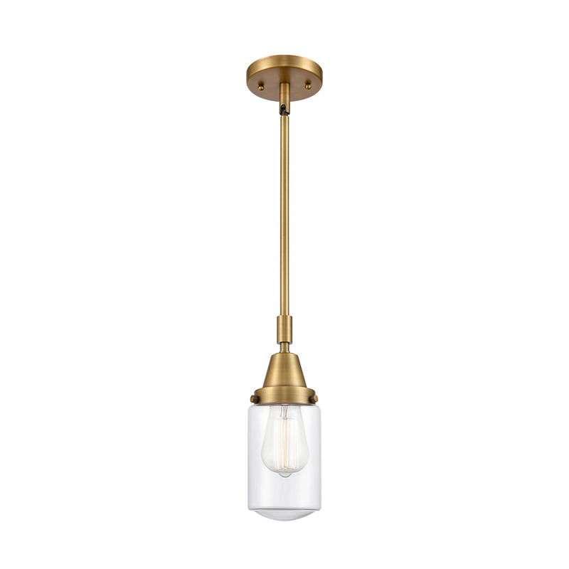 Dover Mini Pendant shown in the Brushed Brass finish with a Clear shade