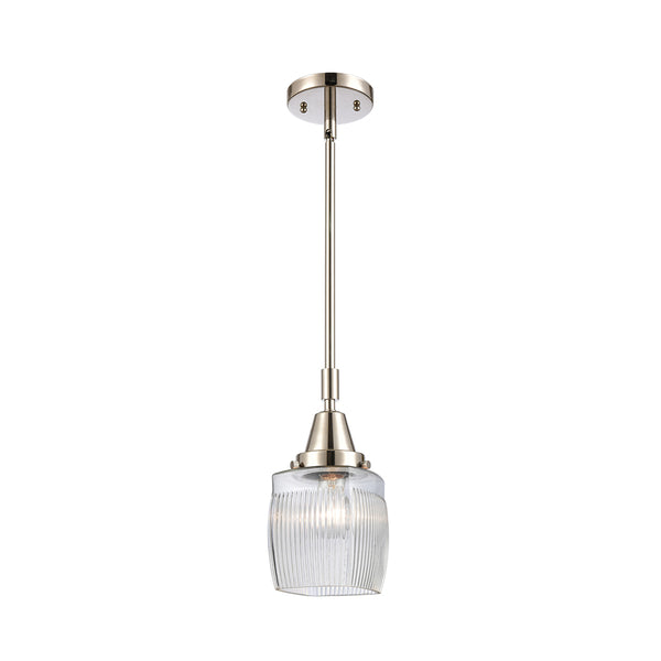 Colton Mini Pendant shown in the Polished Nickel finish with a Clear Halophane shade