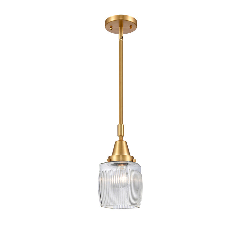 Colton Mini Pendant shown in the Satin Gold finish with a Clear Halophane shade