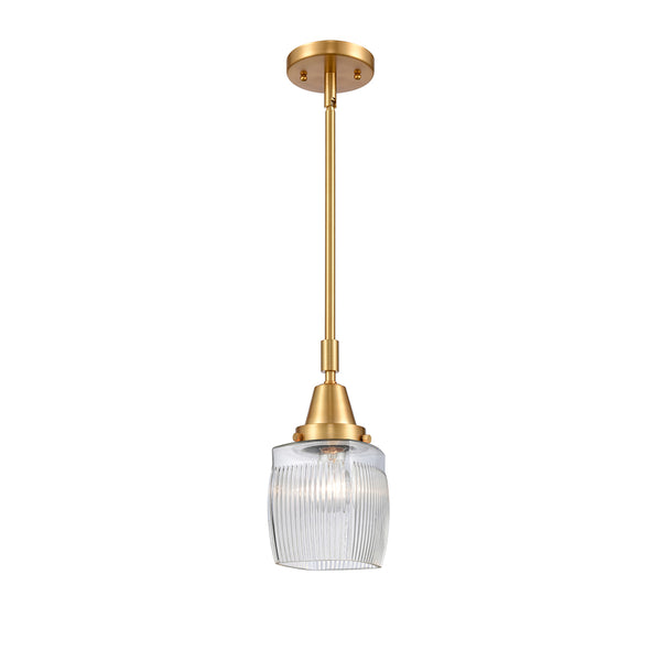 Colton Mini Pendant shown in the Satin Gold finish with a Clear Halophane shade
