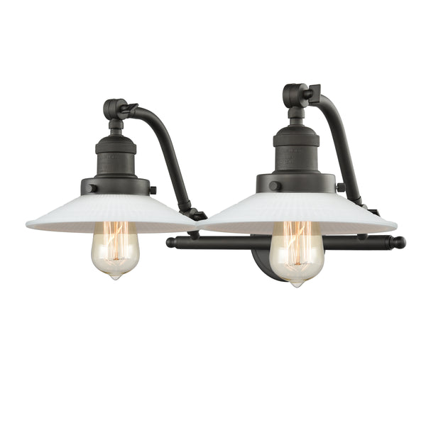 Halophane Bath Vanity Light shown in the Oil Rubbed Bronze finish with a Matte White Halophane shade