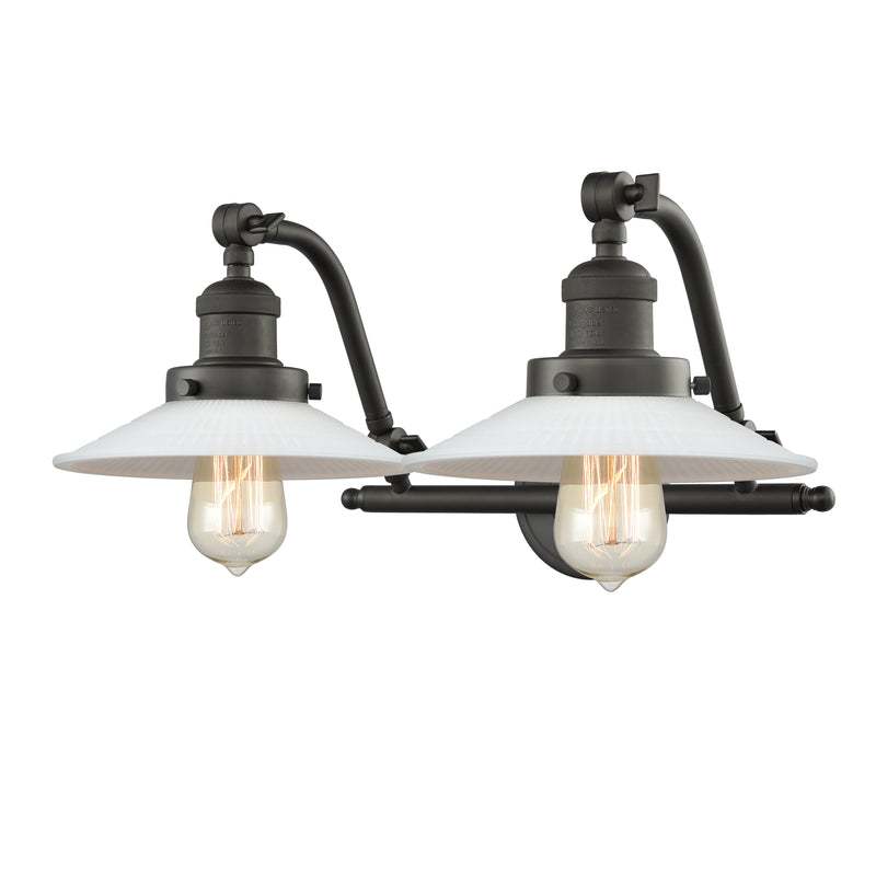 Halophane Bath Vanity Light shown in the Oil Rubbed Bronze finish with a Matte White Halophane shade