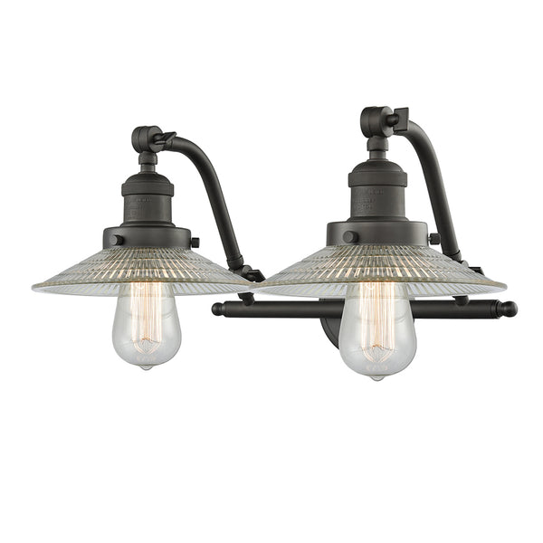 Halophane Bath Vanity Light shown in the Oil Rubbed Bronze finish with a Clear Halophane shade