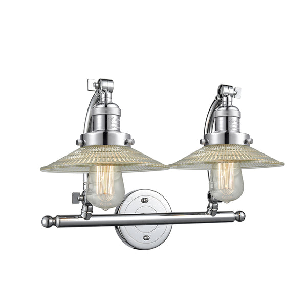 Halophane Bath Vanity Light shown in the Polished Chrome finish with a Clear Halophane shade