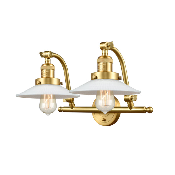 Halophane Bath Vanity Light shown in the Satin Gold finish with a Matte White Halophane shade