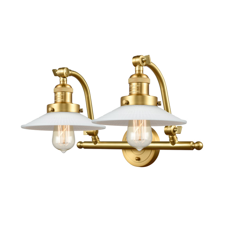 Halophane Bath Vanity Light shown in the Satin Gold finish with a Matte White Halophane shade
