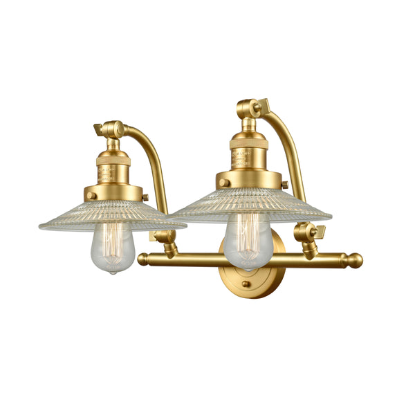 Halophane Bath Vanity Light shown in the Satin Gold finish with a Clear Halophane shade