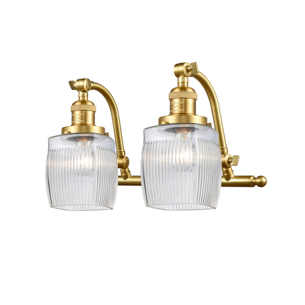 Colton Bath Vanity Light shown in the Satin Gold finish with a Clear Halophane shade
