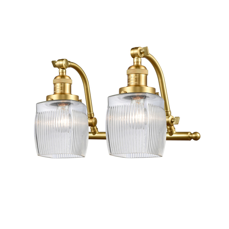 Colton Bath Vanity Light shown in the Satin Gold finish with a Clear Halophane shade