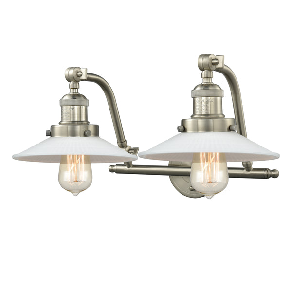 Halophane Bath Vanity Light shown in the Brushed Satin Nickel finish with a Matte White Halophane shade