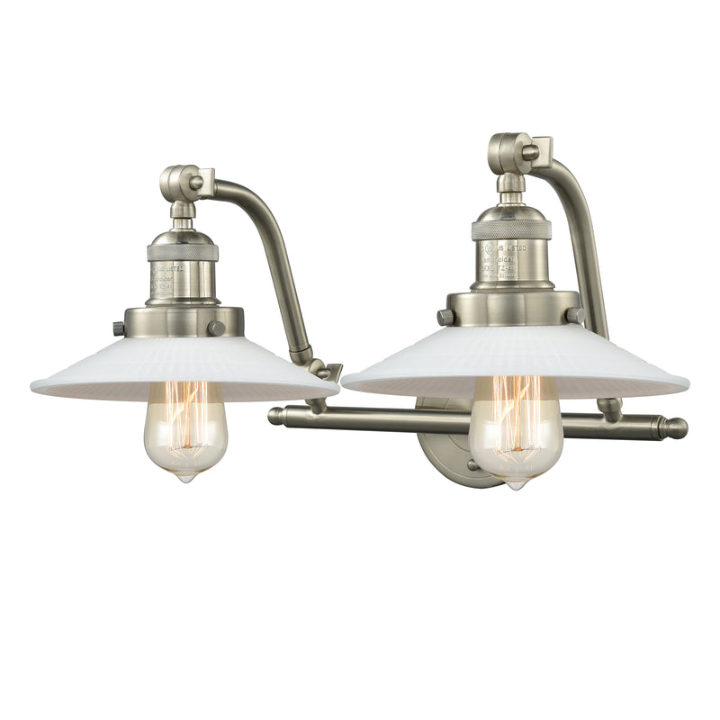 Halophane Bath Vanity Light shown in the Brushed Satin Nickel finish with a Matte White Halophane shade