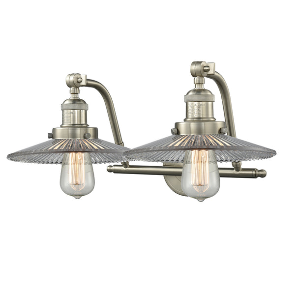 Halophane Bath Vanity Light shown in the Brushed Satin Nickel finish with a Clear Halophane shade