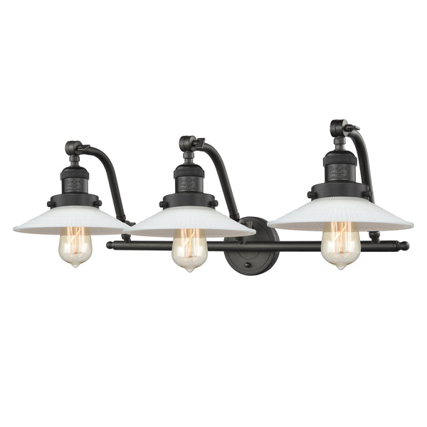 Halophane Bath Vanity Light shown in the Oil Rubbed Bronze finish with a Matte White Halophane shade