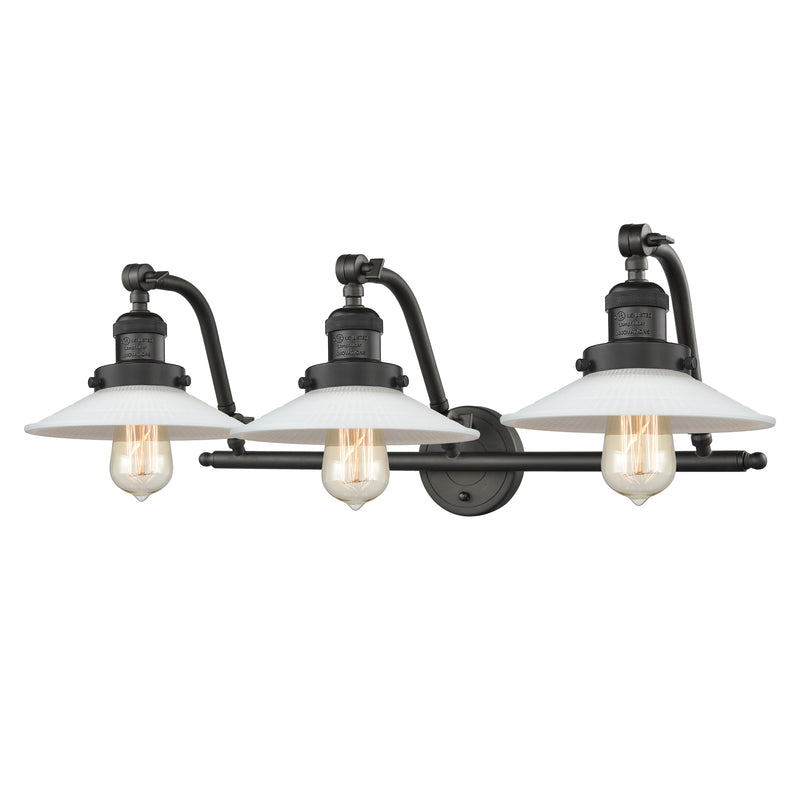 Halophane Bath Vanity Light shown in the Oil Rubbed Bronze finish with a Matte White Halophane shade