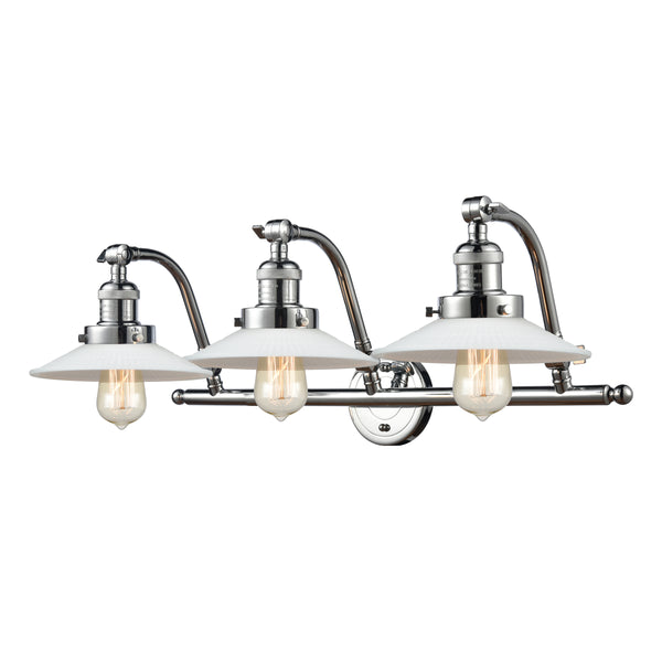 Halophane Bath Vanity Light shown in the Polished Chrome finish with a Matte White Halophane shade