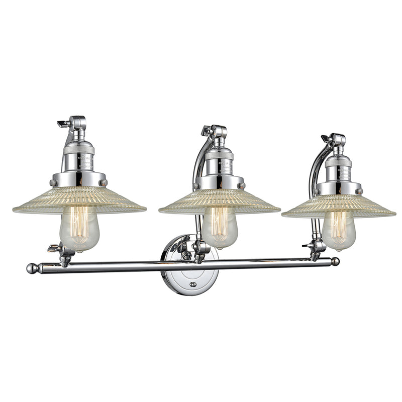 Halophane Bath Vanity Light shown in the Polished Chrome finish with a Clear Halophane shade