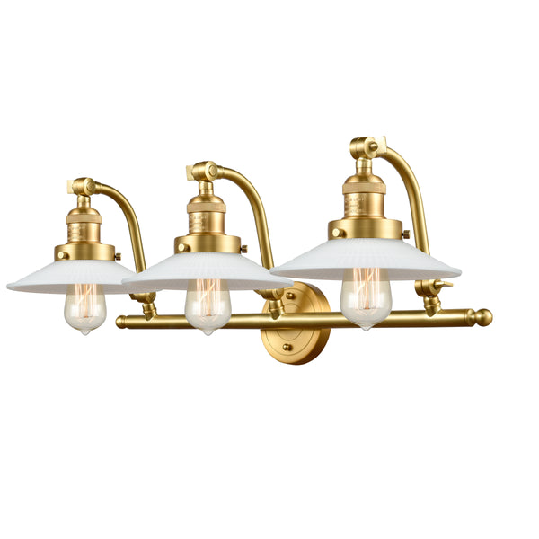 Halophane Bath Vanity Light shown in the Satin Gold finish with a Matte White Halophane shade
