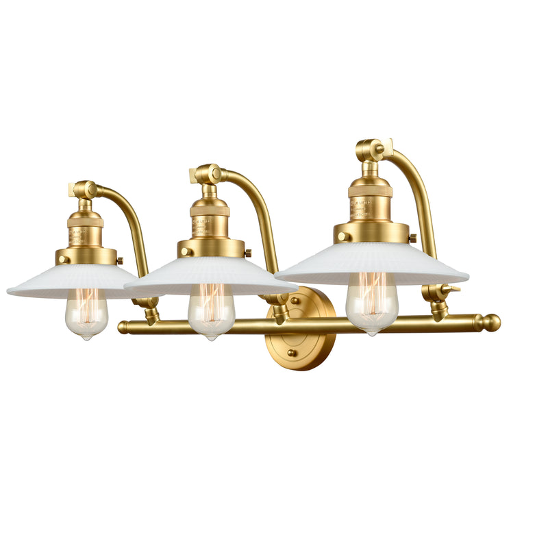 Halophane Bath Vanity Light shown in the Satin Gold finish with a Matte White Halophane shade
