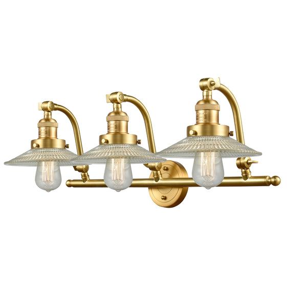 Halophane Bath Vanity Light shown in the Satin Gold finish with a Clear Halophane shade
