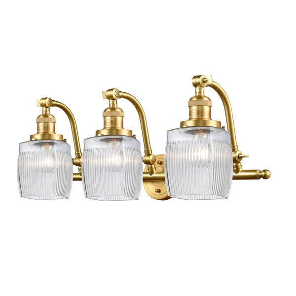 Colton Bath Vanity Light shown in the Satin Gold finish with a Clear Halophane shade