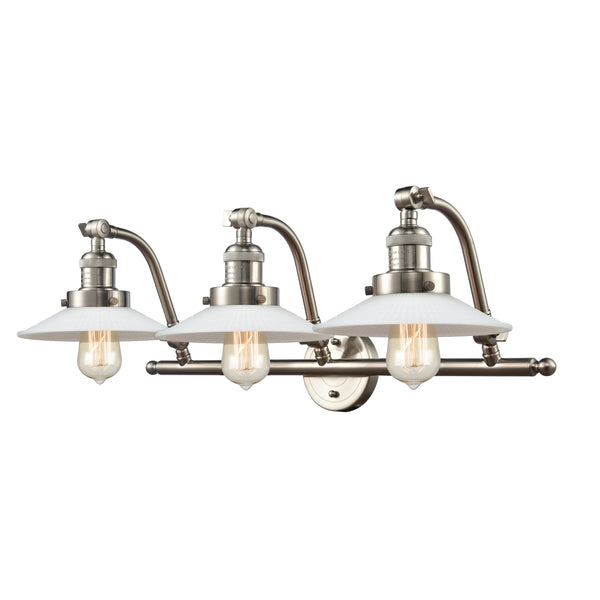 Halophane Bath Vanity Light shown in the Brushed Satin Nickel finish with a Matte White Halophane shade