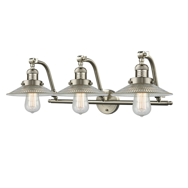 Halophane Bath Vanity Light shown in the Brushed Satin Nickel finish with a Clear Halophane shade