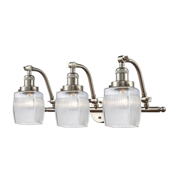 Colton Bath Vanity Light shown in the Brushed Satin Nickel finish with a Clear Halophane shade