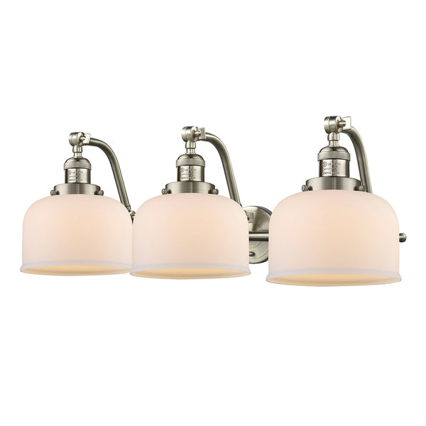 Bell Bath Vanity Light shown in the Brushed Satin Nickel finish with a Matte White shade