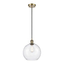 Athens Mini Pendant shown in the Antique Brass finish with a Seedy shade