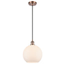 Athens Mini Pendant shown in the Antique Copper finish with a Matte White shade