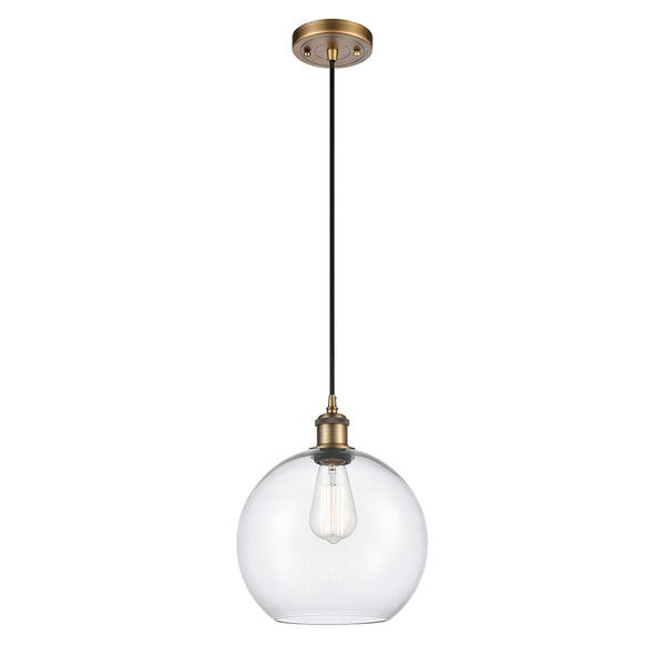 Athens Mini Pendant shown in the Brushed Brass finish with a Clear shade