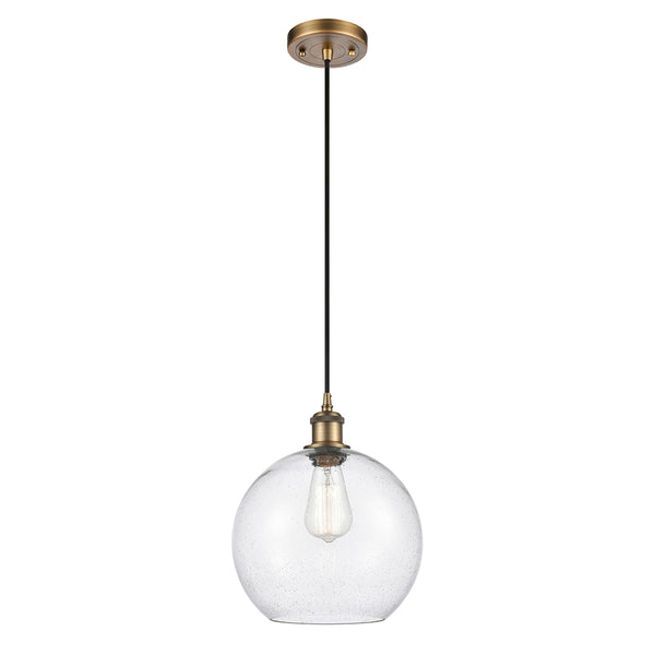 Athens Mini Pendant shown in the Brushed Brass finish with a Seedy shade