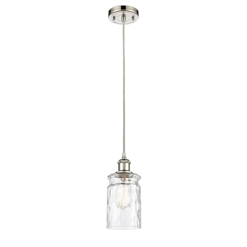 Candor Mini Pendant shown in the Polished Nickel finish with a Clear Waterglass shade