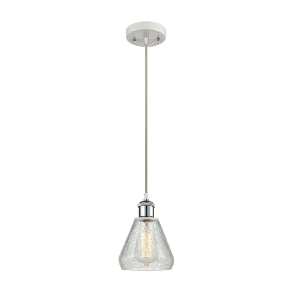 Conesus Mini Pendant shown in the White and Polished Chrome finish with a Clear Crackle shade