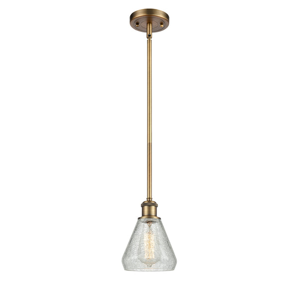 Conesus Mini Pendant shown in the Brushed Brass finish with a Clear Crackle shade