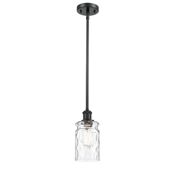 Candor Mini Pendant shown in the Matte Black finish with a Clear Waterglass shade