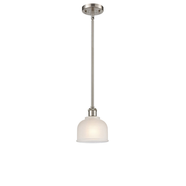 Dayton Mini Pendant shown in the Brushed Satin Nickel finish with a White shade