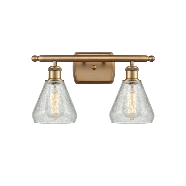 Conesus Bath Vanity Light shown in the Brushed Brass finish with a Clear Crackle shade