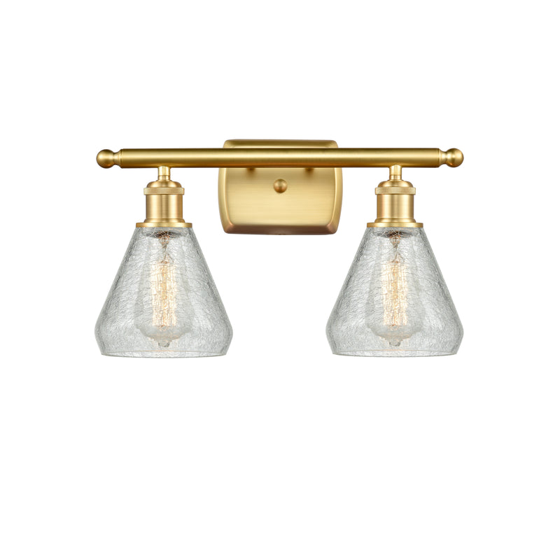 Conesus Bath Vanity Light shown in the Satin Gold finish with a Clear Crackle shade