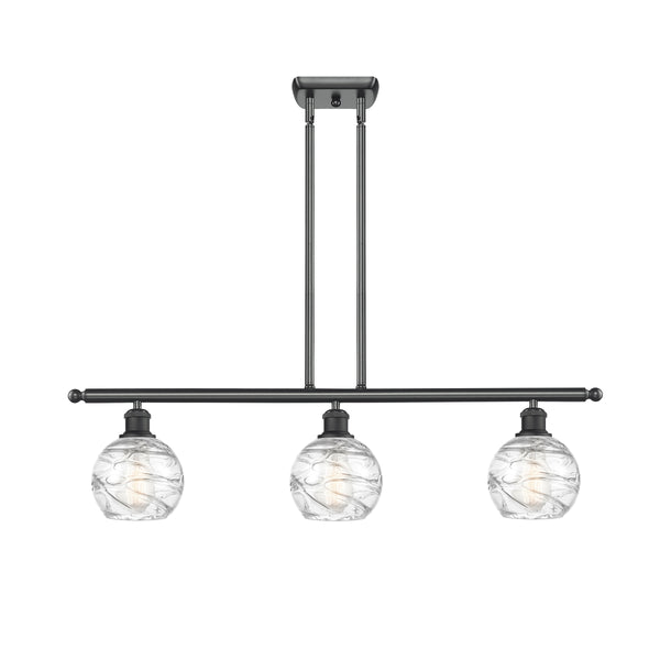 Deco Swirl Island Light shown in the Matte Black finish with a Clear shade