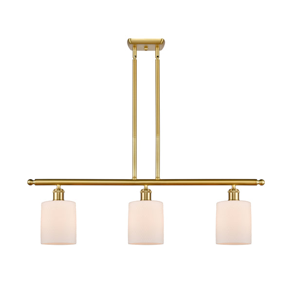 Cobbleskill Island Light shown in the Satin Gold finish with a Matte White shade