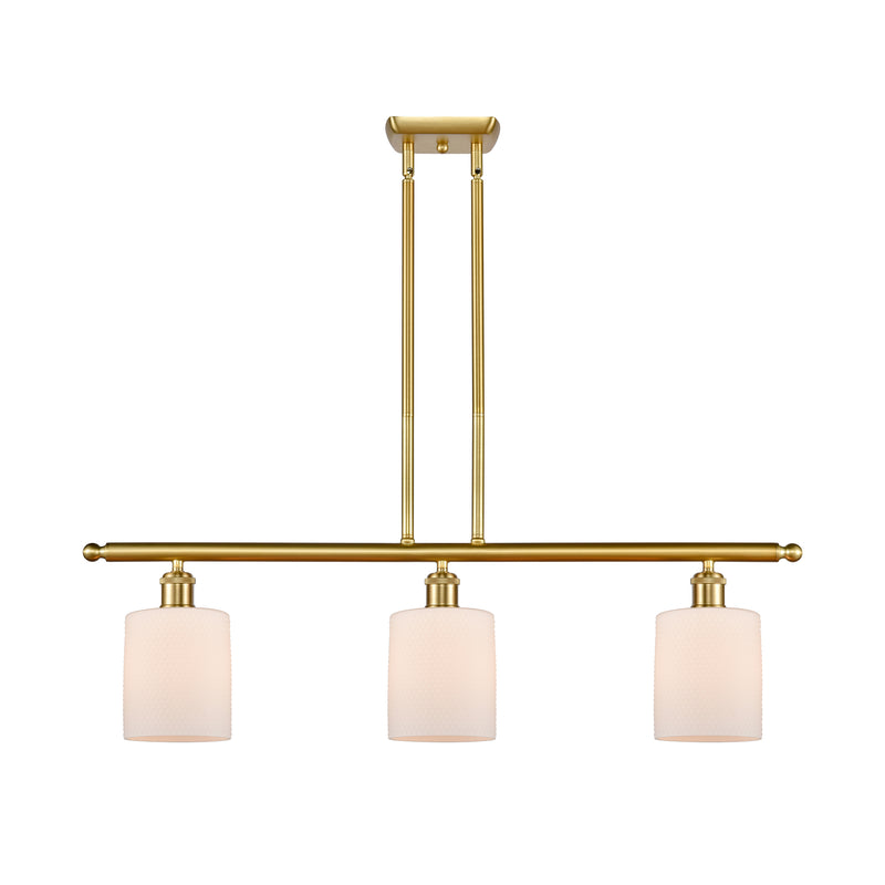 Cobbleskill Island Light shown in the Satin Gold finish with a Matte White shade