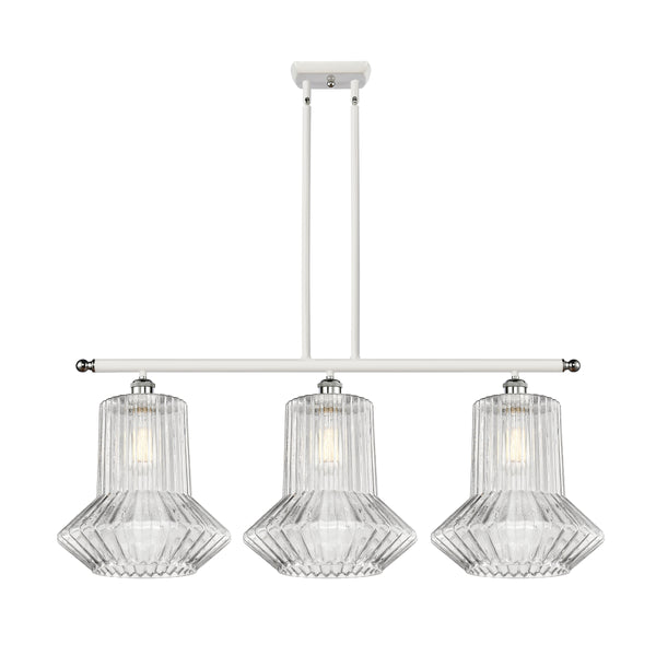 Springwater Island Light shown in the White and Polished Chrome finish with a Clear Spiral Fluted shade