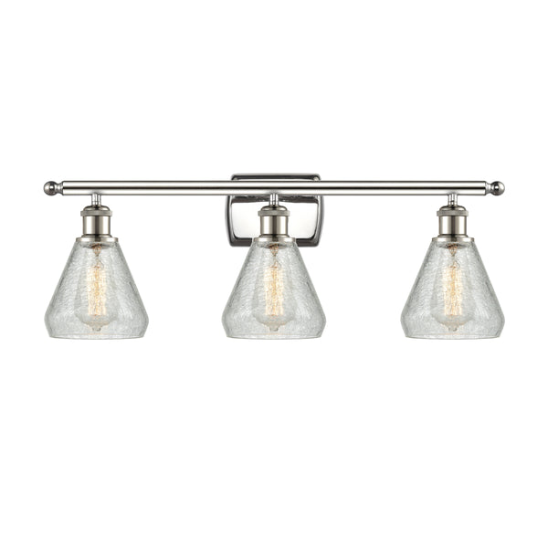 Conesus Bath Vanity Light shown in the Polished Nickel finish with a Clear Crackle shade