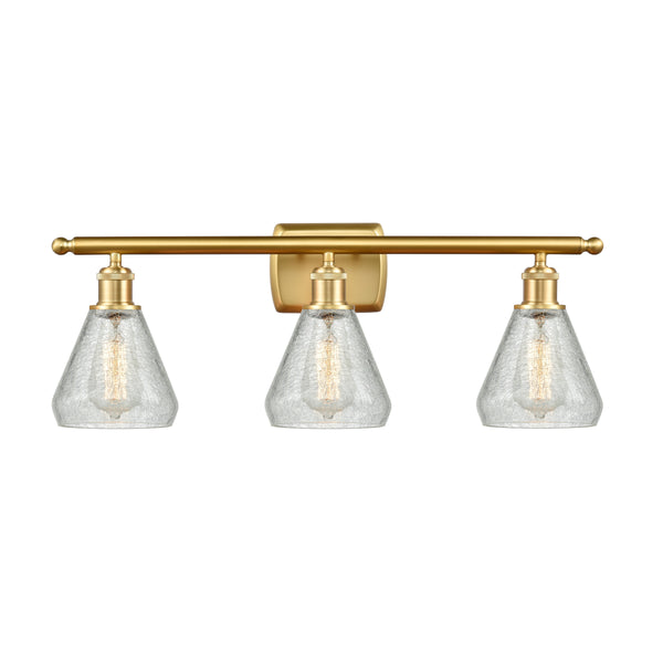 Conesus Bath Vanity Light shown in the Satin Gold finish with a Clear Crackle shade